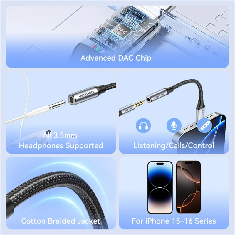 VENTION BID Serie 0,1m Type-C Stecker auf 3,5mm Buchse Audio Adapter Kabel mit DAC Decoder - Grau