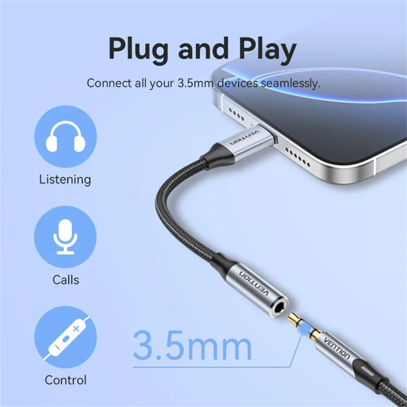 VENTION BID Serie 0,1m Type-C Stecker auf 3,5mm Buchse Audio Adapter Kabel mit DAC Decoder - Grau