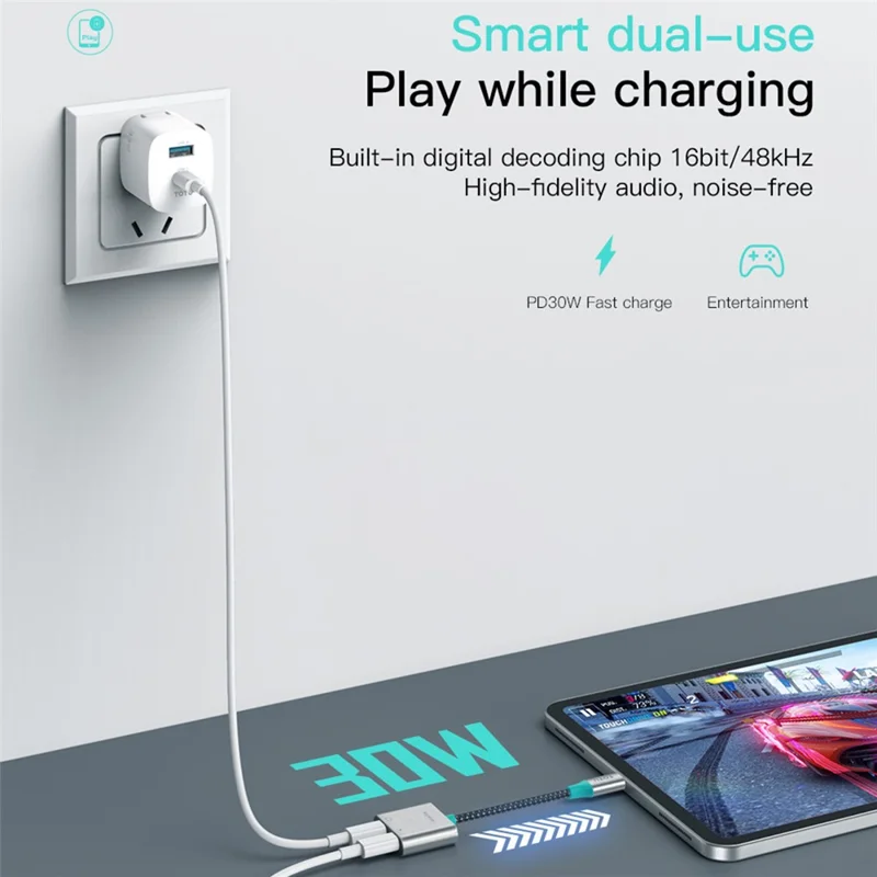 TOTU AD-6 USB-C auf Dual USB-C HiFi-Audio-Converter PD 30W Schnellladeadapter Kabel 13 cm