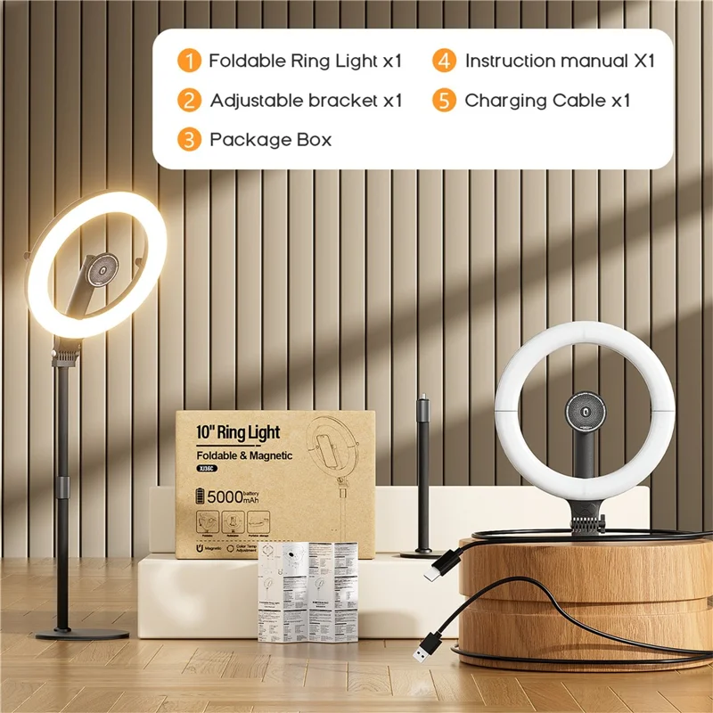 XJ36C Lampe Anneau 10 Pouces avec Support Téléphone Magnétique, Lampe Selfie avec Trépied Ajustable, Kit Photographie de Bureau - Blanc