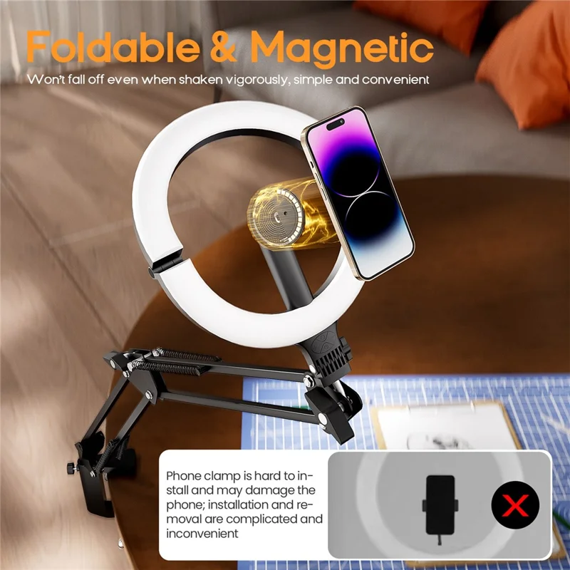 XJ36C Lampe de remplissage avec anneau lumineux de 10 pouces, support magnétique pour téléphone, trépied pliable, kit de prise de vue aérienne - Blanc