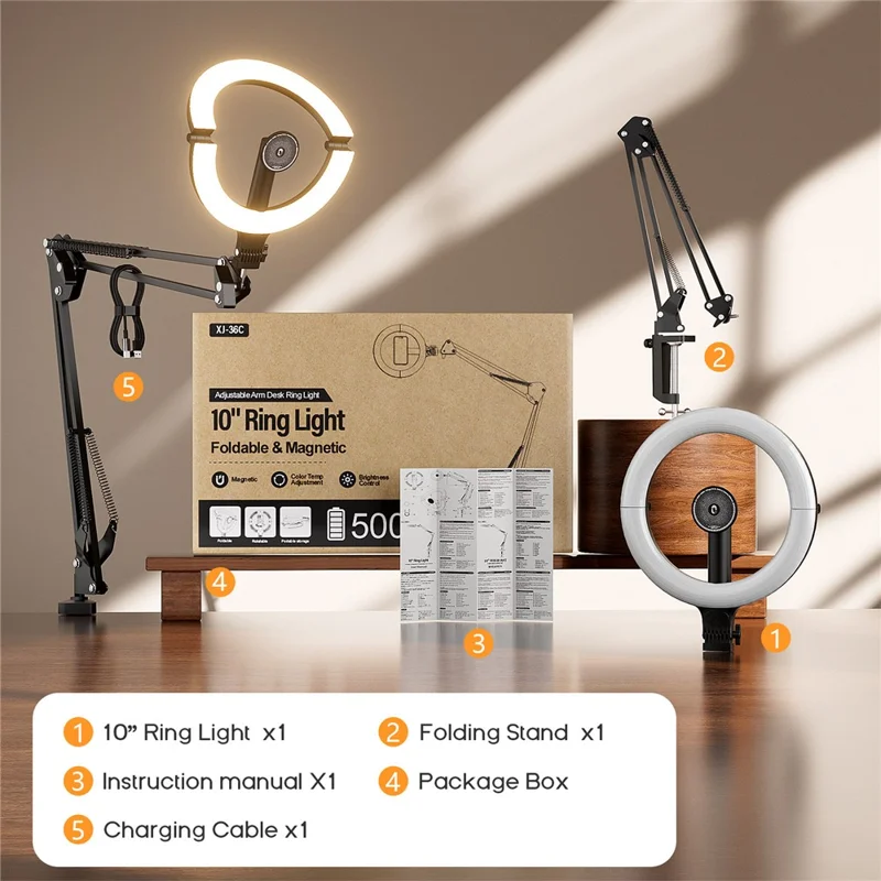 XJ36C Lampe de remplissage avec anneau lumineux de 10 pouces, support magnétique pour téléphone, trépied pliable, kit de prise de vue aérienne - Blanc