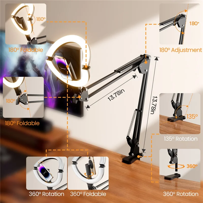 XJ36C Lampe de remplissage avec anneau lumineux de 10 pouces, support magnétique pour téléphone, trépied pliable, kit de prise de vue aérienne - Blanc