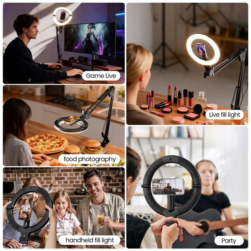 XJ36C Lampe de remplissage avec anneau lumineux de 10 pouces, support magnétique pour téléphone, trépied pliable, kit de prise de vue aérienne - Blanc