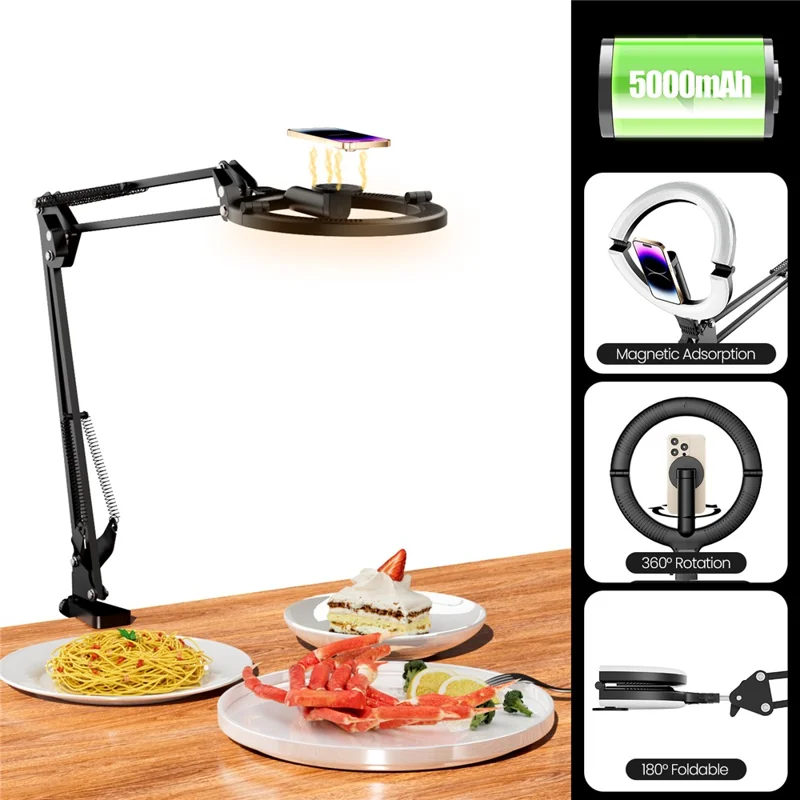 XJ36C Lampe de remplissage avec anneau lumineux de 10 pouces, support magnétique pour téléphone, trépied pliable, kit de prise de vue aérienne - Blanc