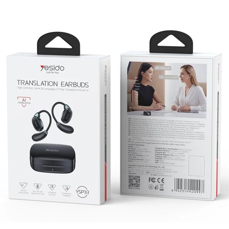 YESIDO YSP33 AI Translation Earbuds Ear Hook Wearable Real Time Bluetooth-compatible 5.4 Open Ear Earphones - Black