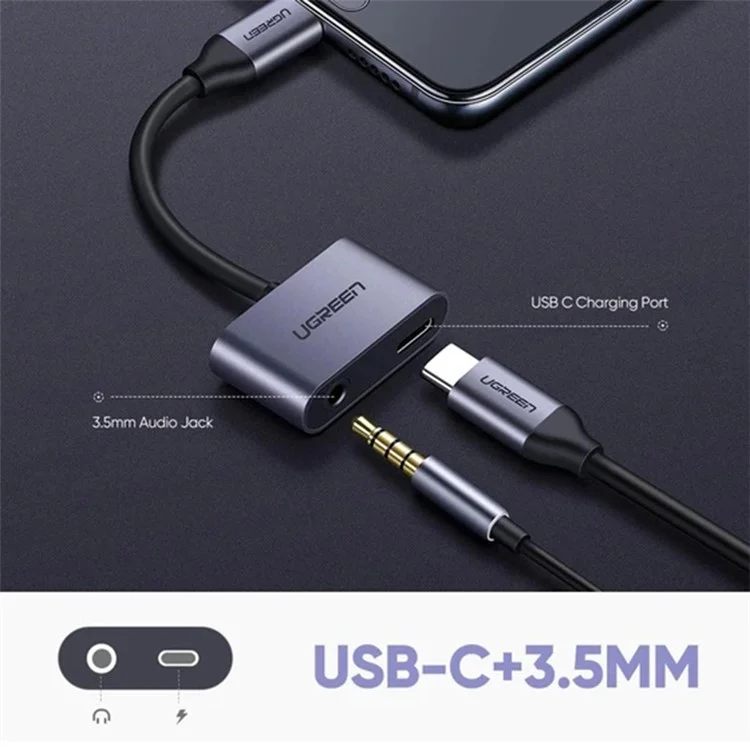 UGREEN Adaptador de Fone de Ouvido de Tipo C para 3,5 mm 2 em 1 Cabo de Áudio Conversor de Divisor de Carregamento USB-C