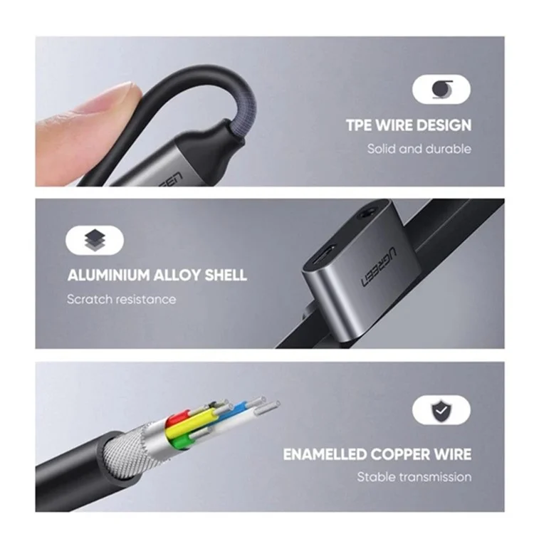 UGREEN Adaptador de Fone de Ouvido de Tipo C para 3,5 mm 2 em 1 Cabo de Áudio Conversor de Divisor de Carregamento USB-C