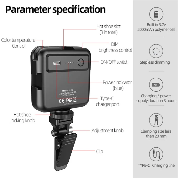 WONEW FL02 Câmera LED Preenchimento 3000-6000K Dimmable Câmera de Celular Câmera Computador de Transmissão ao Vivo Luz de Fotografia