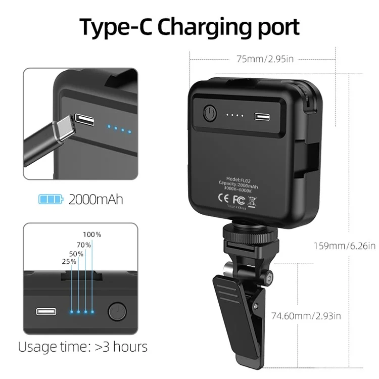 Wonew FL02 Camera LED Light Light 3000-6000K Cámara de Teléfono Móvil Dimmable Computadora de Transmisión en Vivo Fotografía Luz