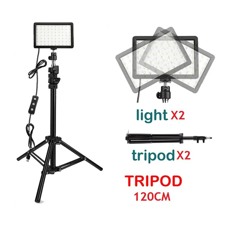Juego de 2 luces de video USB de 70 LED, regulables, de 5600K, con soporte de trípode ajustable y 4 filtros de color para streaming en directo, fotografía