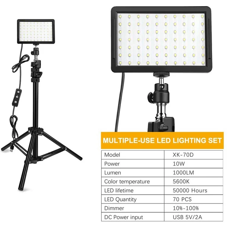 2Pcs/Set USB Video Light 70-LED Dimmable 5600K Fill Lights with Adjustable Tripod Stand 4-Color Filters for Game Live Streaming Photography