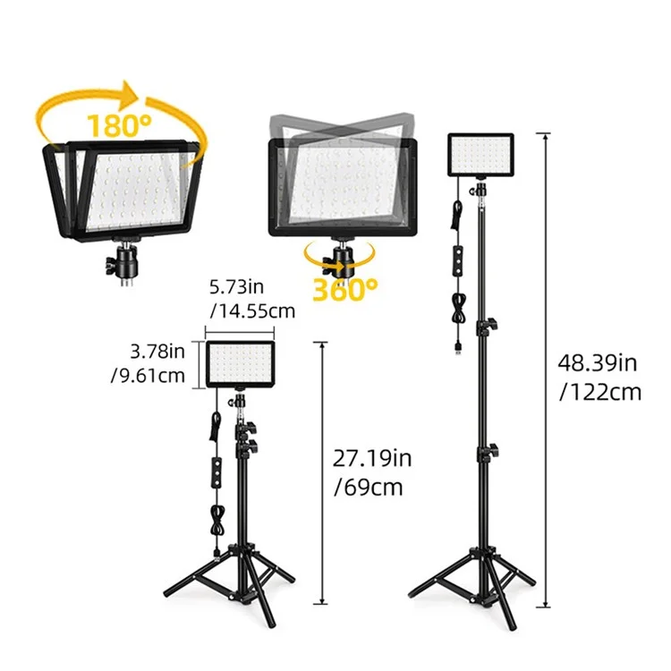 Juego de 2 luces de video USB de 70 LED, regulables, de 5600K, con soporte de trípode ajustable y 4 filtros de color para streaming en directo, fotografía