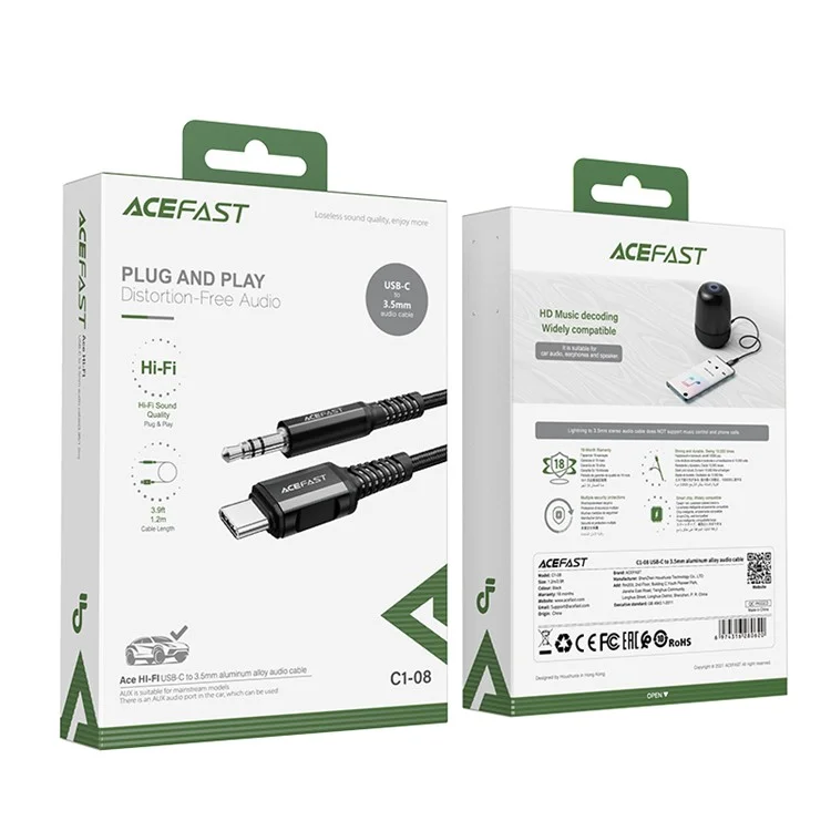 ACEFAST C1-08 USB-C Macho para 3,5 mm Macho Cabo de Áudio de Liga de Alumínio Trançado 1,2 m - Preto