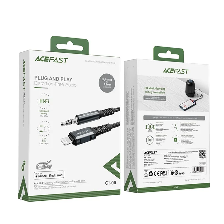 Acefast C1-06 Lightning Male a 3.5 mm de Aleación Masculina de Aleación de Aluminio Cable Tejido Tejido 1.2m (certificado Mfi) - Gris Oscuro