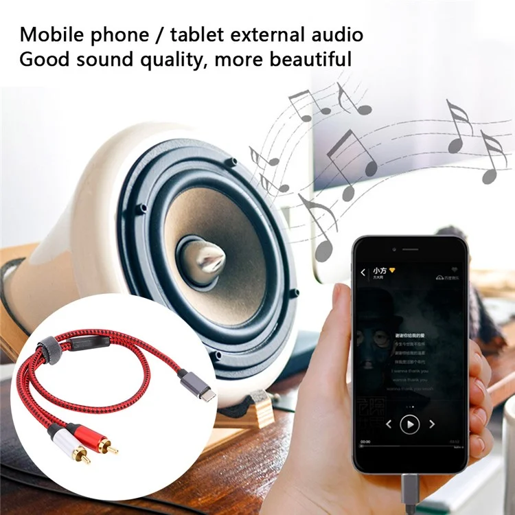 1m USB Type-C to 2 RCA Male Gold Plated Jack Audio Cable for Mobile Phone Tablet Connection to Speaker/Amplifier