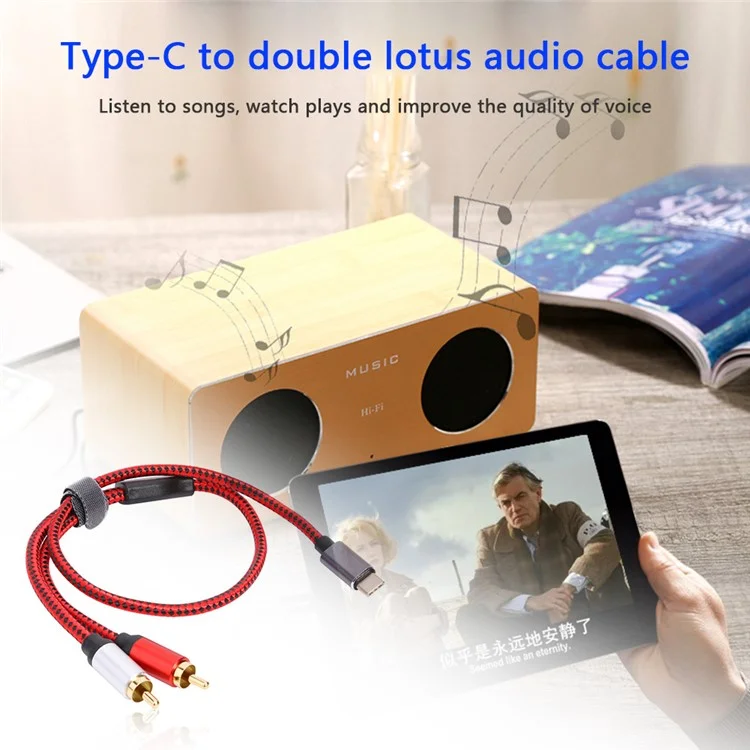 1m USB Type-C to 2 RCA Male Gold Plated Jack Audio Cable for Mobile Phone Tablet Connection to Speaker/Amplifier