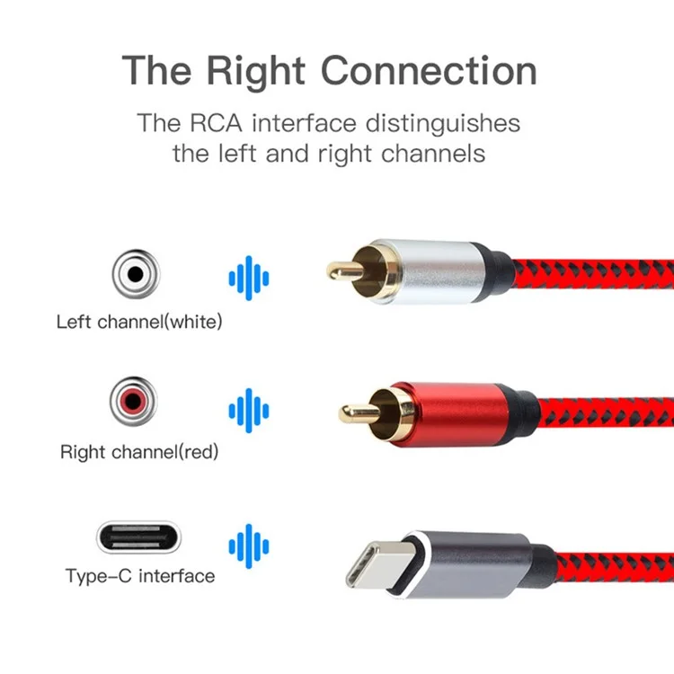 1m USB Type-C to 2 RCA Male Gold Plated Jack Audio Cable for Mobile Phone Tablet Connection to Speaker/Amplifier