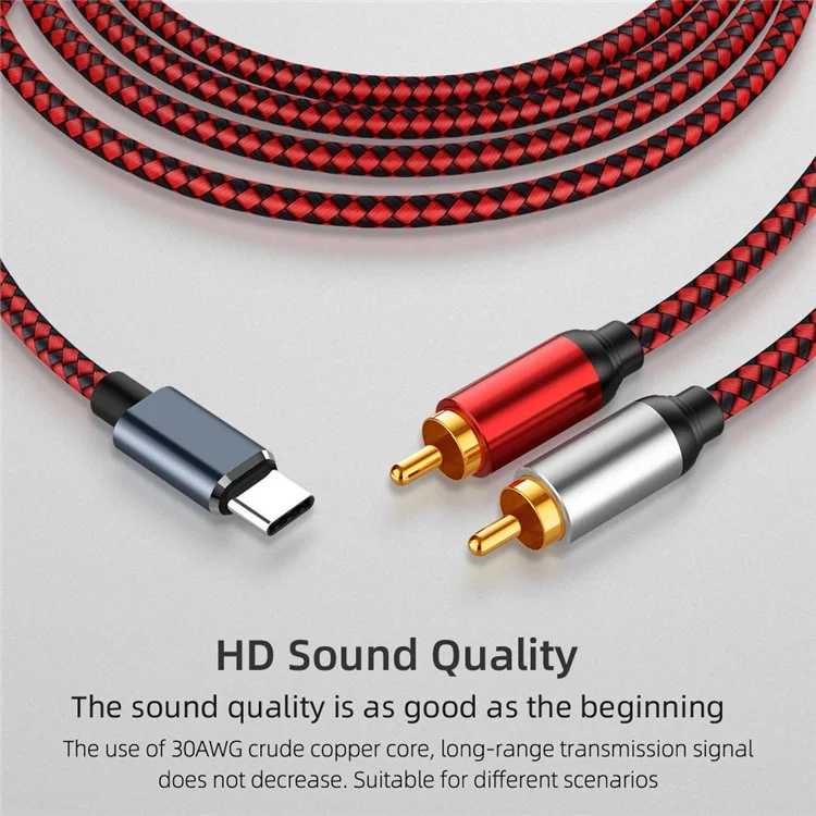 1m USB Type-C to 2 RCA Male Gold Plated Jack Audio Cable for Mobile Phone Tablet Connection to Speaker/Amplifier