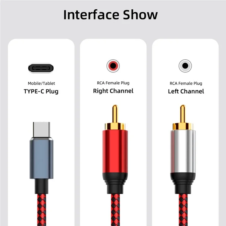 1m USB Type-C to 2 RCA Male Gold Plated Jack Audio Cable for Mobile Phone Tablet Connection to Speaker/Amplifier