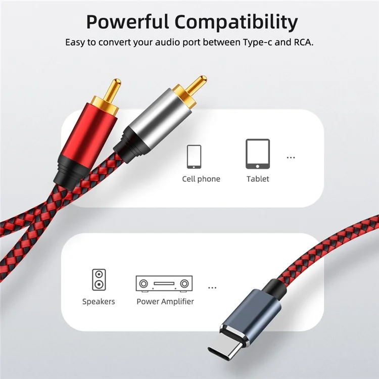 1m USB Type-C to 2 RCA Male Gold Plated Jack Audio Cable for Mobile Phone Tablet Connection to Speaker/Amplifier