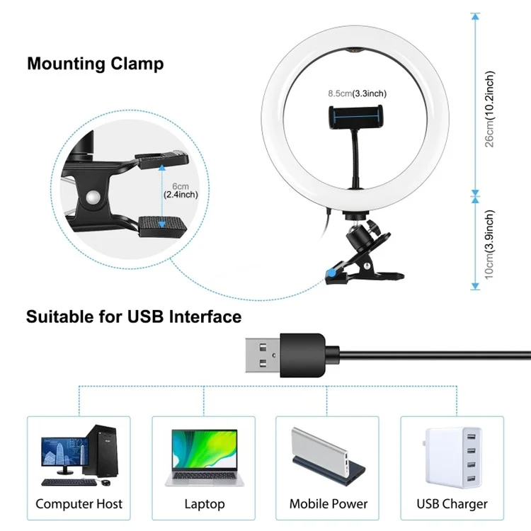 Kit de Luz de Anillo LED PKT3126B de LED 10.2 Pulgadas de Videoconferencia de 26 cm Iluminación de Videoconferencia 3 Nivel de Brillo de Color Dimmable 10 Para Cámara Inteligente Youtube Tiktok Autorretrato