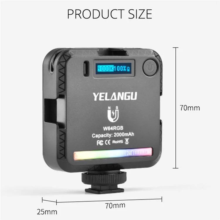 Yelangu RGB64 Portátil RGB Câmera LED Vídem Vídela Mini Lightilização de Fotografia Rechargelha