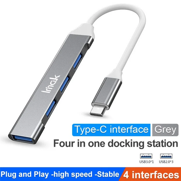 IMAK Multifunction Type-C Docking Station 4 in 1 Multi-Port Converter to 3 USB2.0 + USB 3.0 USB-C HUB Adapter Compatible with Windows / macOS / Linux - Grey