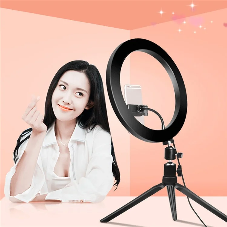 XWJ-532F1 Desktop 3000K-6500K 26cm LED Selfie Ring Light Tripod Stand Phone Clip Mount Vlogging Video Light Live Broadcast Kit