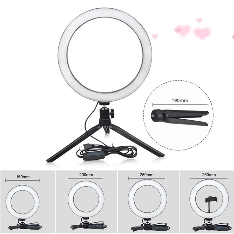 XWJ-532F1 Desktop 3000K-6500K 26cm LED Selfie Ring Light Tripod Stand Phone Clip Mount Vlogging Video Light Live Broadcast Kit