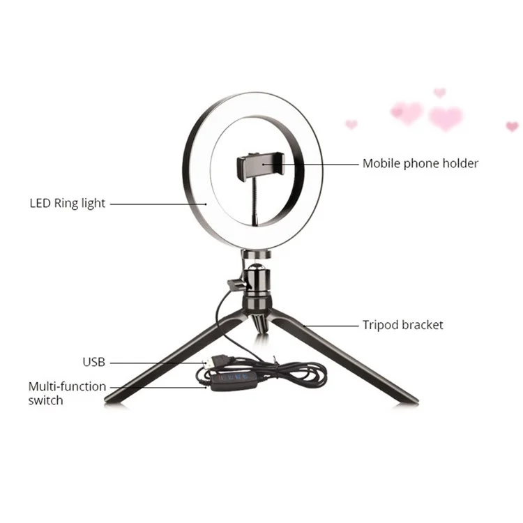 XWJ-532F1 Desktop 3000K-6500K 26cm LED Selfie Ring Light Tripod Stand Phone Clip Mount Vlogging Video Light Live Broadcast Kit