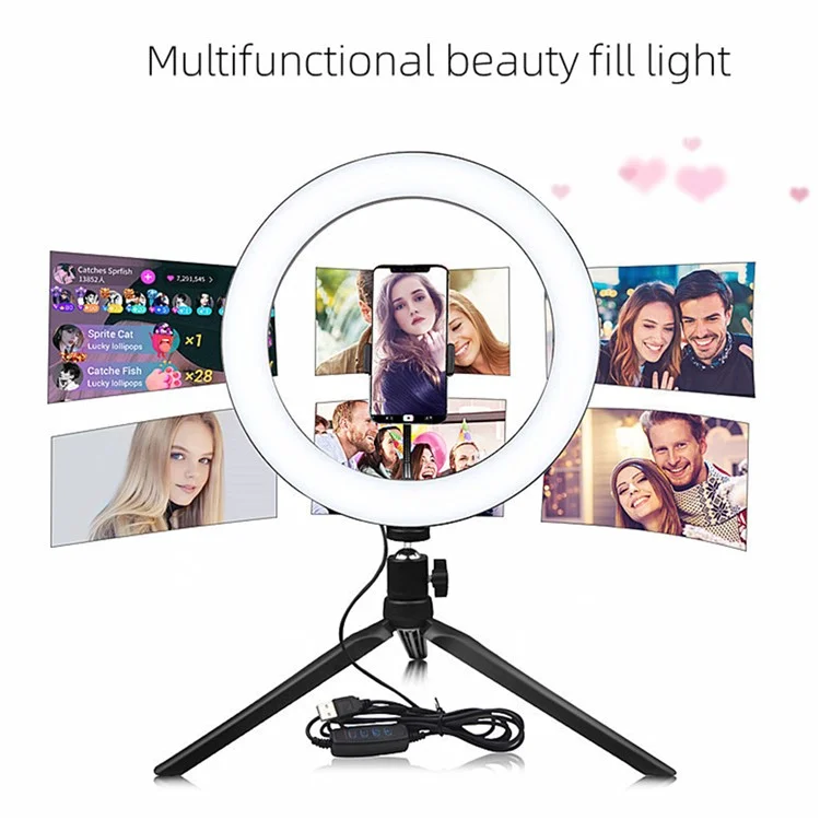 XWJ-532F1 Desktop 3000K-6500K 26cm LED Selfie Ring Light Tripod Stand Phone Mount Vlogging Video Light Light Broadcast Kit