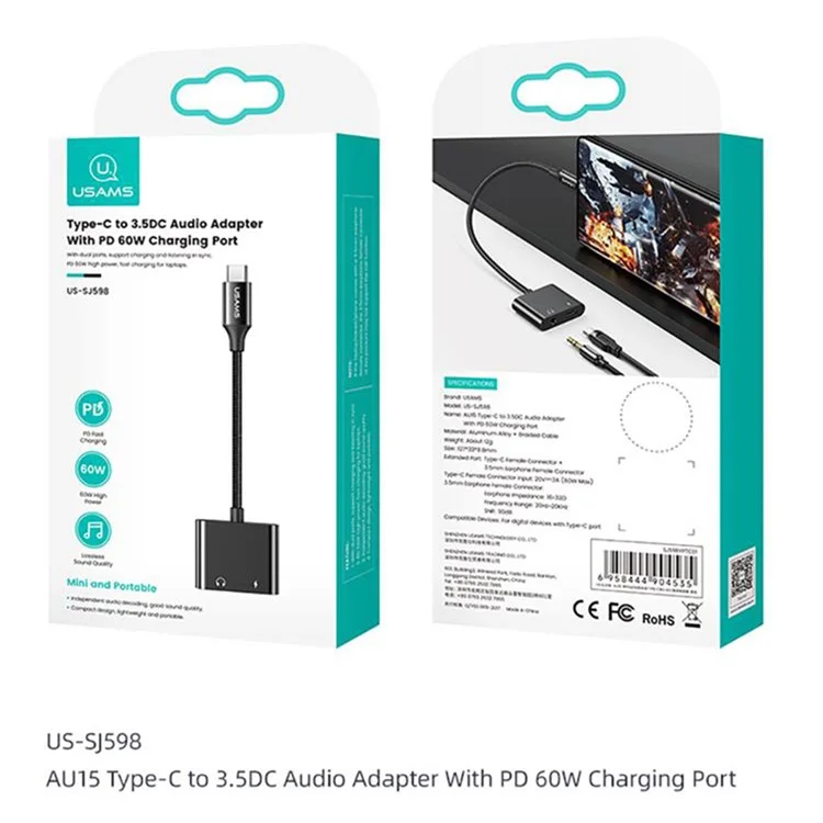USAMS Uss-sj598 AU15 Adaptateur Audio Intelligent Type-C à PD 60W Connecteur Fast Charge 3,5 mm