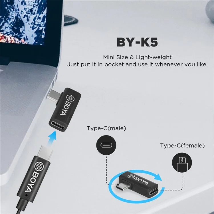 Adaptateur D'extension de Type-C Boya Bya Bya-k5 l Pour Tablette de Téléphone Portable Mâle USB-C Mâle à 90 Degrés Adaptateur Angulaire à 90 Degrés Convertisseur