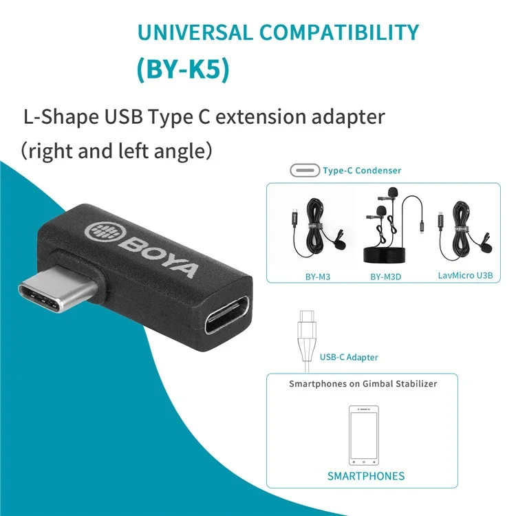BOYA BY-K5 L-Shape Type-C Extension Adapter for Cell Phone Tablet Laptop USB-C Male to Female 90 Degree Angled Adapter Converter