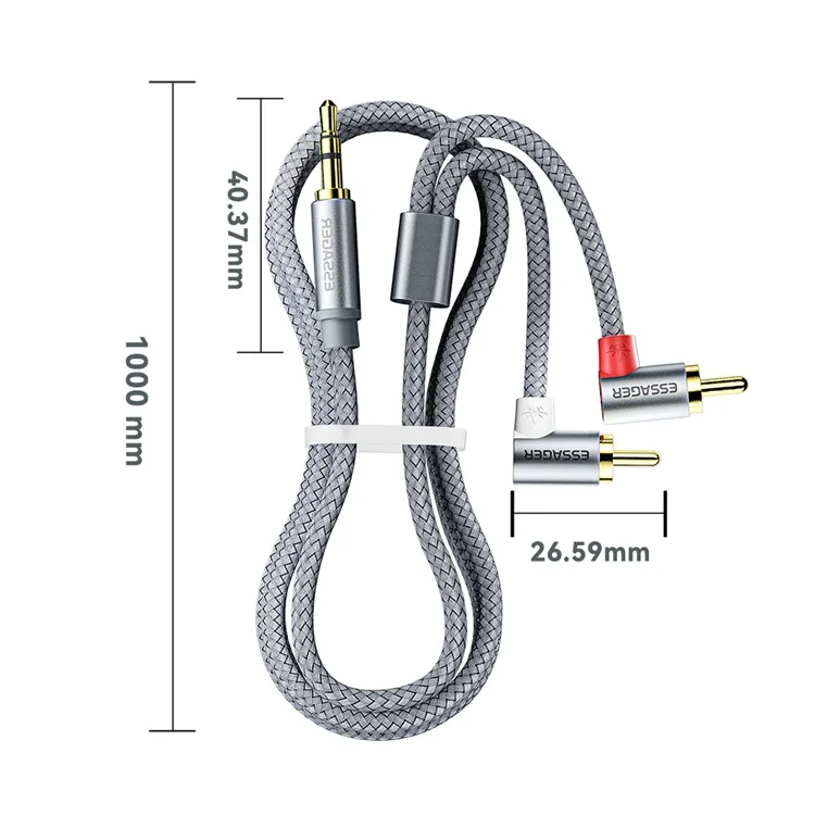 ESSAGER 1m Nylon Braided Aux Cord AUX 3.5mm a Dual Angled Head RCA Audio Adapter Cable