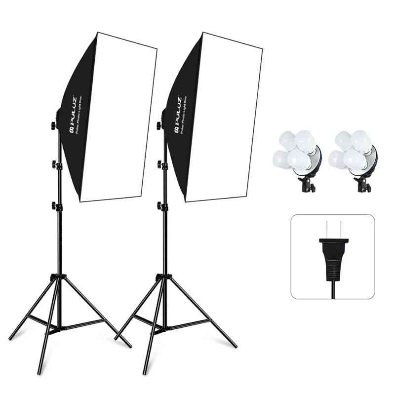 PULUZ PKT3134 2Pcs 50x70cm Softbox + 8x E27 LED Light Bulb + 2 x Tripod Stand Photography Kit - US Plug
