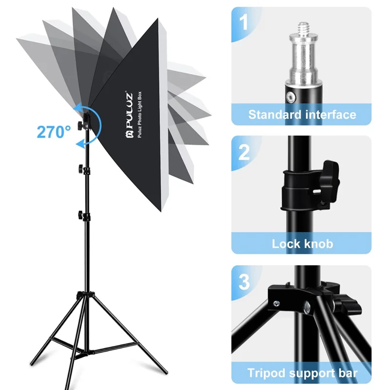 PULUZ PKT3134 2Pcs 50x70cm Softbox + 8x E27 LED Light Bulb + 2 x Tripod Stand Photography Kit - US Plug