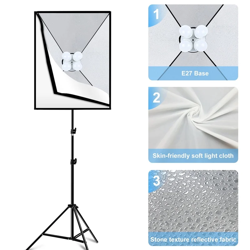 PULUZ PKT3134 2Pcs 50x70cm Softbox + 8x E27 LED Light Bulb + 2 x Tripod Stand Photography Kit - US Plug