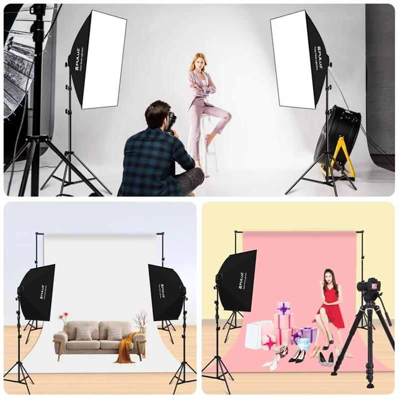 PULUZ PKT3134 2Pcs 50x70cm Softbox + 8x E27 LED Light Bulb + 2 x Tripod Stand Photography Kit - US Plug