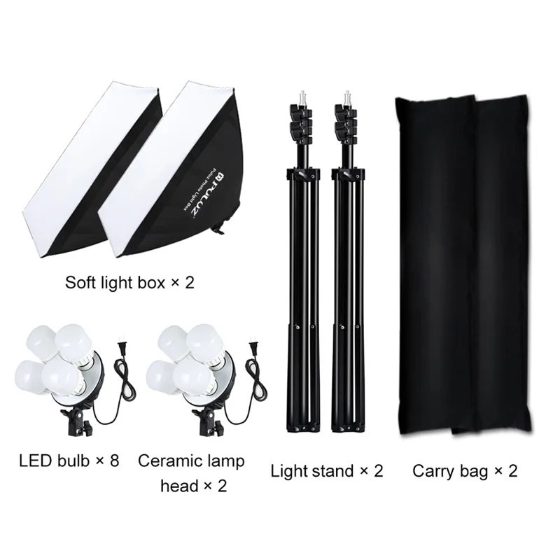 PULUZ PKT3134 2Pcs 50x70cm Softbox + 8x E27 LED Light Bulb + 2 x Tripod Stand Photography Kit - US Plug