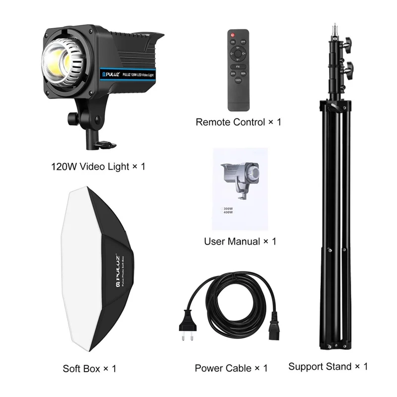 PULUZ PKT3108 Photography Kit Set 3200K-5600K 120W Video Light with Softbox Remote Control Light Holder - US Plug
