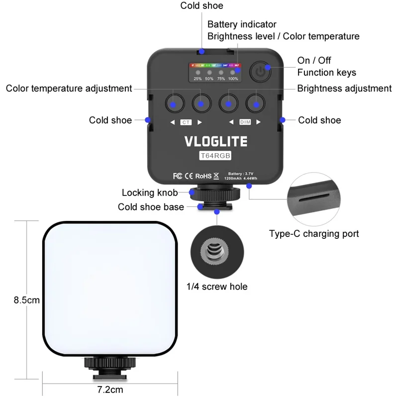 VLOGLITE T64RGB Cell Phone Camera Video Fill Light Mini Pocket Beauty Light Portable RGB Fill Light