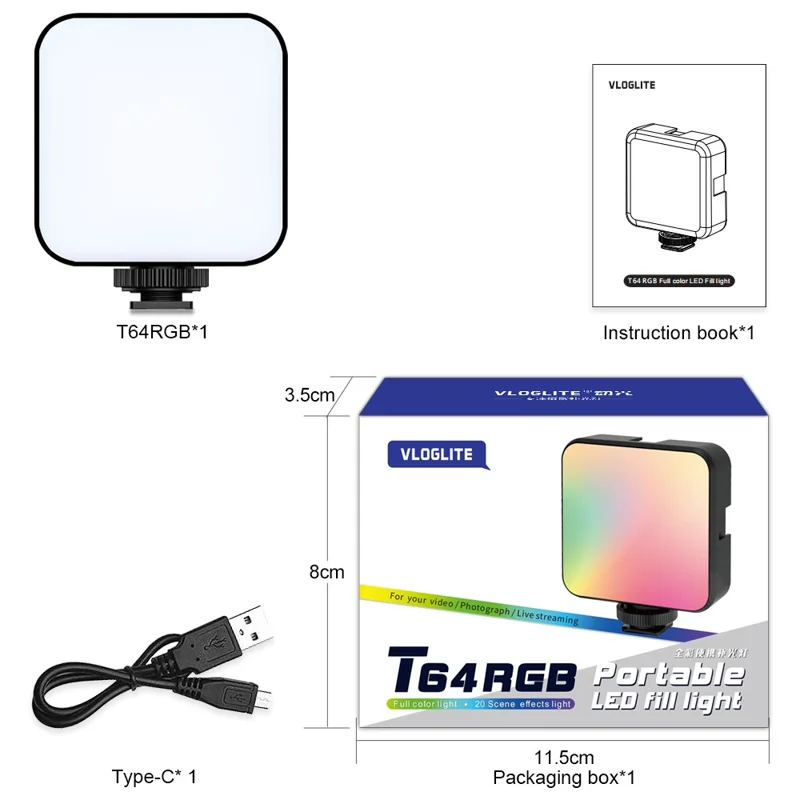 VLOGLITE T64RGB Cell Phone Camera Video Fill Light Mini Pocket Beauty Light Portable RGB Fill Light