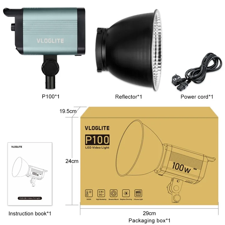 VLOGLITE P100 100W High Powerful Bright COB LED Light Professional Photography Video Fill Light for Live Streaming, Studio - US Plug