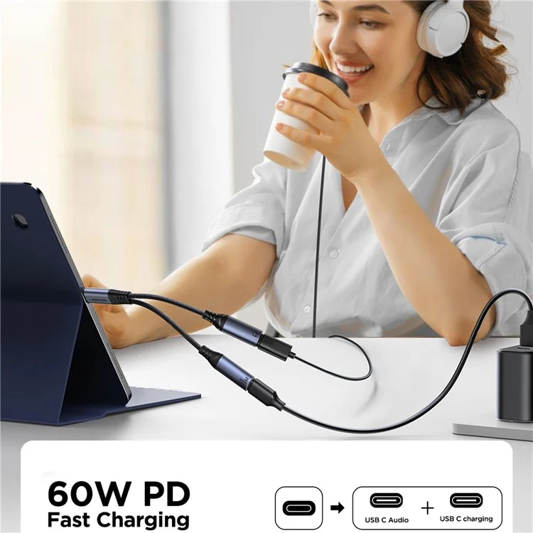JOYROOM SY-C03 Type-C vers Dual Type-C Audio Connecteur PD 60W Chargeur Rapide Adaptateur Diviseur - Noir