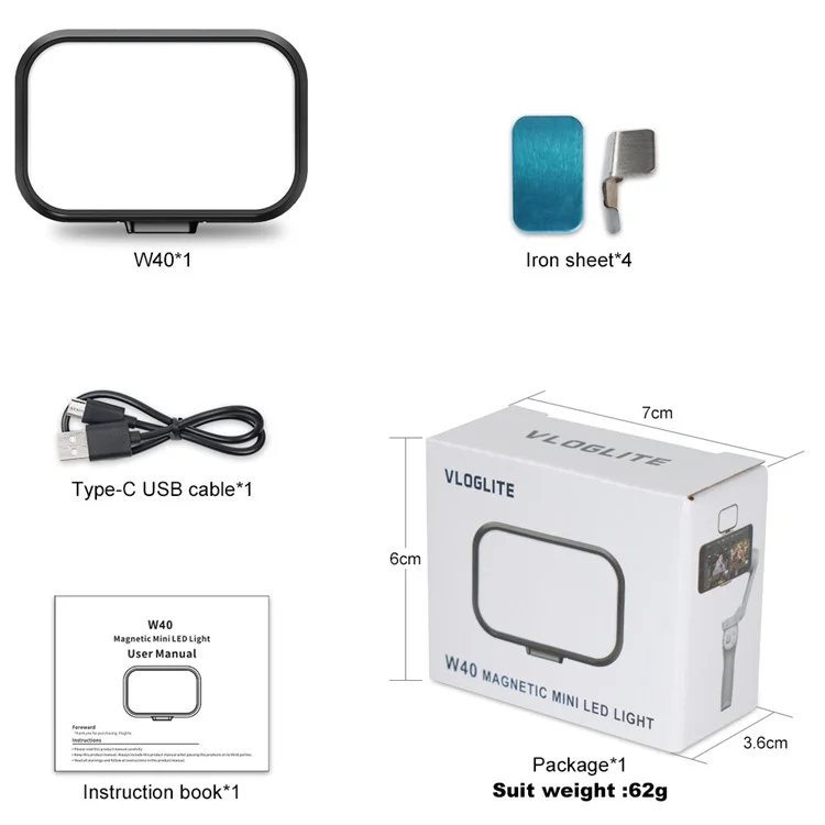 VLOGLITE W40 Luz de Preenchimento Magnética para DJI Mini / Feiyu Scorp Mini Estabilizadores Portáteis