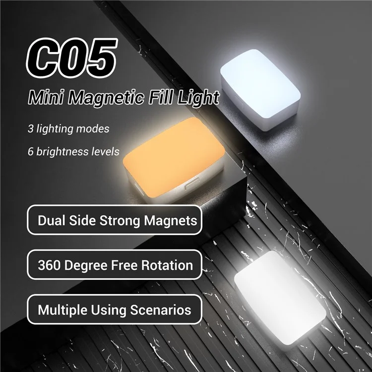 Luz de Preenchimento Mini Magnética C05 de 200 Lúmens, Três Cores Regulável, Lâmpada de Bolso