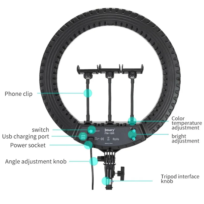 JMARY FM-18R 18-inch Photography Live Streaming Fill Light LED Beauty Ring Light - EU Plug