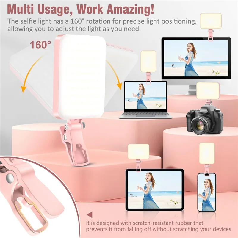 Rechargeable 60-LED Dimmable Fill Light Selfie Live Streaming Video Light for Phone Camera Computer - Pink